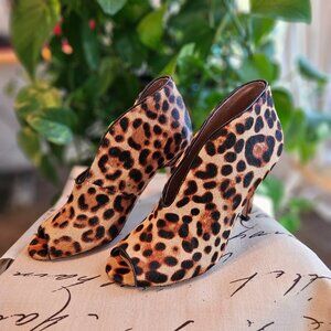Halogen Leopard Print Calfskin Peep-Toe Booties